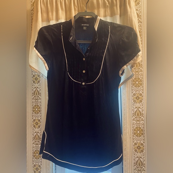 Bebe Real Silk Short Sleeve Button Up Tuxedo Shirt - Picture 10 of 10